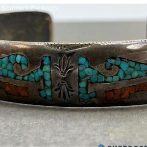 Stamped "AB" Sterling Silver Turquoise & Coral Chip inlay Cuff Bracelet